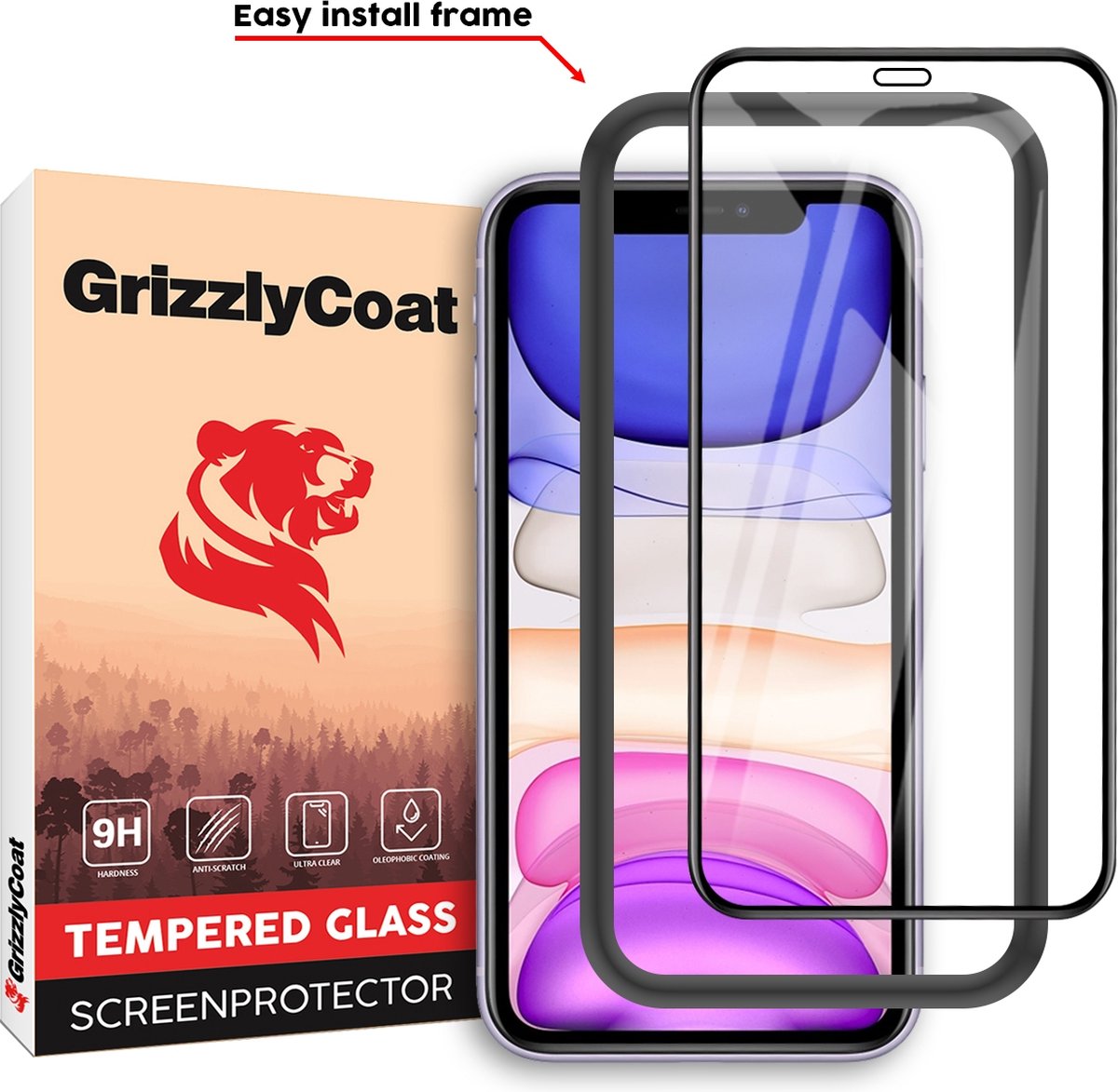 GrizzlyCoat - Screenprotector geschikt voor Apple iPhone XR Glazen | GrizzlyCoat Easy Fit Screenprotector - Case Friendly + Installatie Frame - Zwart