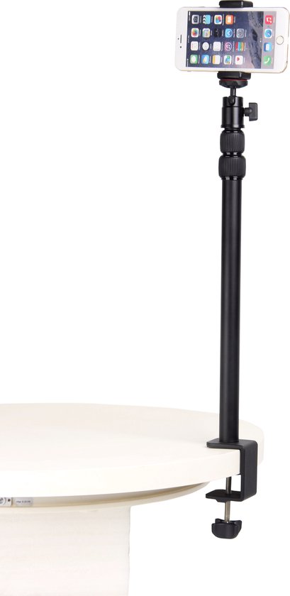 MOJOGEAR DS1 statief met tafelklem en telefoonhouder — Van 43 tot 102 cm — Voor tafel/bureau tot 5cm dik — Inclusief 360 graden draaibare statiefkop — Zwart - MOJOGEAR