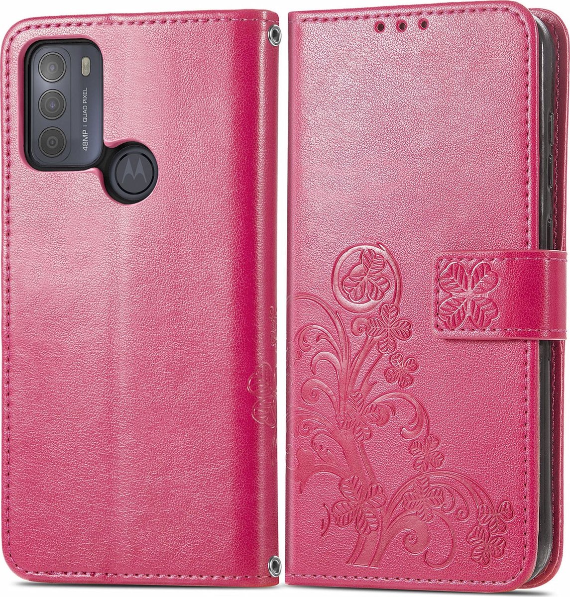 Mobigear Telefoonhoesje geschikt voor Motorola Moto G50 Hoesje | Mobigear Clover Bookcase Portemonnee | Pasjeshouder voor 3 Pasjes | Telefoonhoesje voor Pinpas / OV Kaart / Rijbewijs - Roze