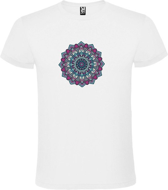 Wit T-shirt met Mandala in Paars Blauw en Roze kleuren size XS