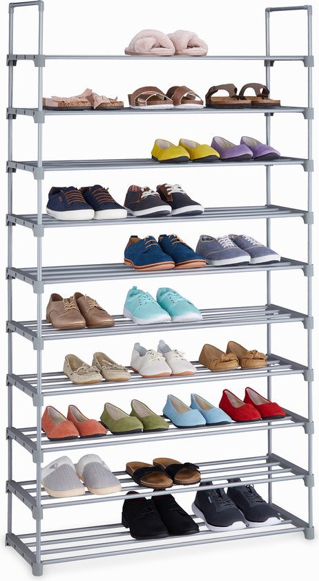 Relaxdays schoenenrek modulair - open schoenenkast - 10 etages - schoenen organizer - grijs