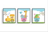 Poster Set 3 Blije Dieren in de Trein - Kinderkamer - Dierenposter - Babykamer / Kinderposter - Babyshower Cadeau - Muurdecoratie - 70x50cm - Postercity