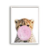 Schilderij  Jungle cheeta met roze kauwgom - Jungle dieren / Kauwgombel / 50x40cm
