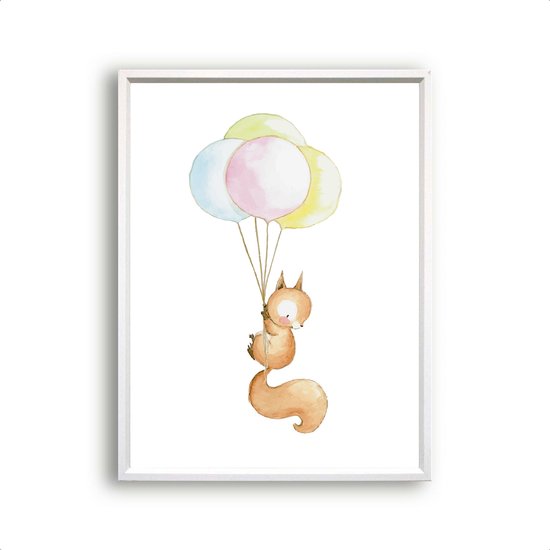 Eekhoorntje met Ballonnen - Kinderkamer - Dieren Schilderij - Babykamer / Kinder Schilderij - Babyshower Cadeau - Muurdecoratie - 50x40cm - FramedCity