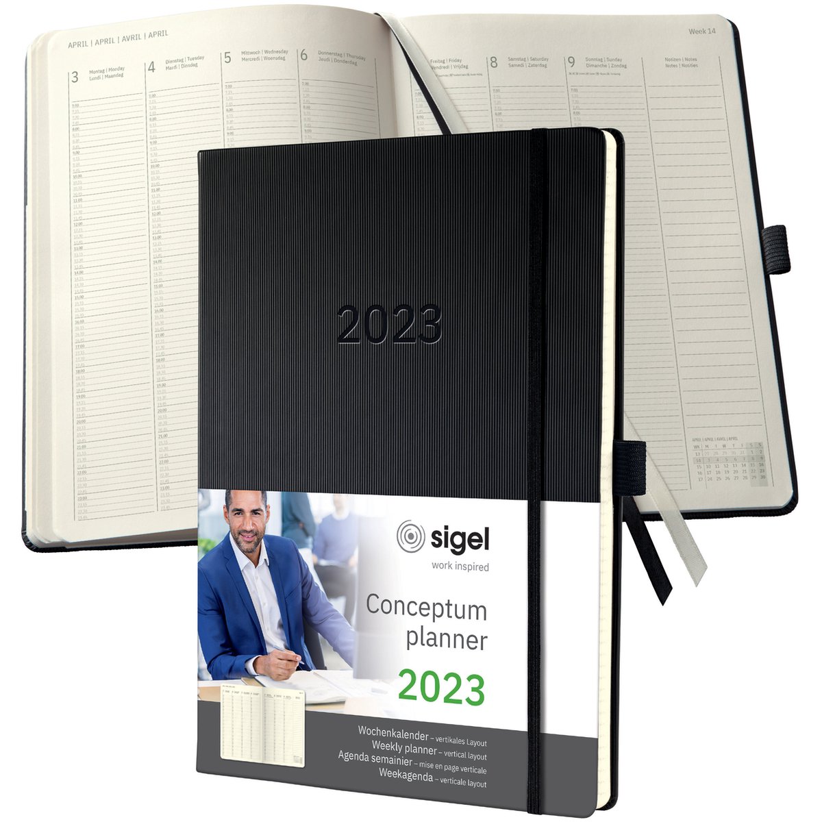 Sigel Conceptum - agenda 2023 - weekagenda - A4+ - 4-talig - black - verticale lay-out - hardcover. SI-C2318