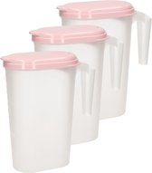 3x stuks waterkan/sapkan transparant/roze met deksel 1.6 liter kunststof - Smalle schenkkan die in de koelkastdeur past