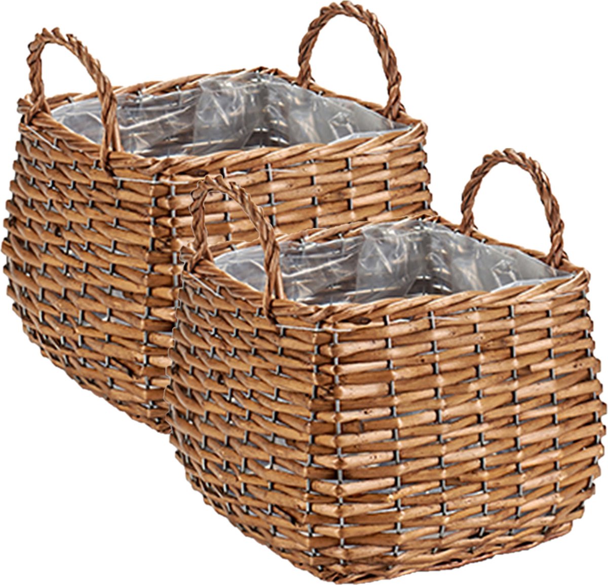 Set van 2x stuks plantenbak manden gevlochten riet met binnenmand 23 x 23 x 15 cm - Voor binnen/buiten