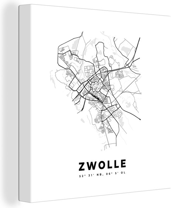 Canvas Schilderij Stadskaart – Zwart Wit - Kaart – Zwolle – Nederland – Plattegrond - 90x90 cm - Wanddecoratie