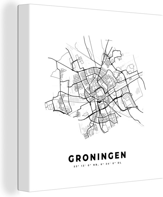 Canvas Schilderij Plattegrond – Groningen – Zwart Wit – Stadskaart - Nederland - Kaart - 50x50 cm - Wanddecoratie
