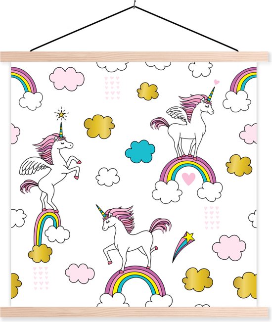 Posterhanger incl. Poster 120x120 cm - Schoolplaat - Een illustratie van eenhoorns op regenbogen - Meisjes - Kinderen - Kids - Textielposter - Blanke latten