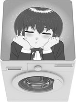 Wasmachine beschermer mat - een Japans figuur met slapende ogen - zwart wit - Breedte 60 cm x hoogte 60 cm
