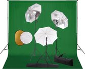 Fotostudioset met lampen, paraplu's, achtergrond en reflector