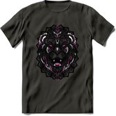 Leeuw - Dieren Mandala T-Shirt | Roze | Grappig Verjaardag Zentangle Dierenkop Cadeau Shirt | Dames - Heren - Unisex | Wildlife Tshirt Kleding Kado | - Donker Grijs - XXL