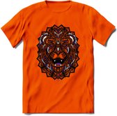 Leeuw - Dieren Mandala T-Shirt | Paars | Grappig Verjaardag Zentangle Dierenkop Cadeau Shirt | Dames - Heren - Unisex | Wildlife Tshirt Kleding Kado | - Oranje - 3XL