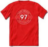 97th Happy Birthday T-shirt | Vintage 1925 Aged to Perfection | 97 jaar verjaardag cadeau | Grappig feest shirt Heren – Dames – Unisex kleding | - Rood - XL