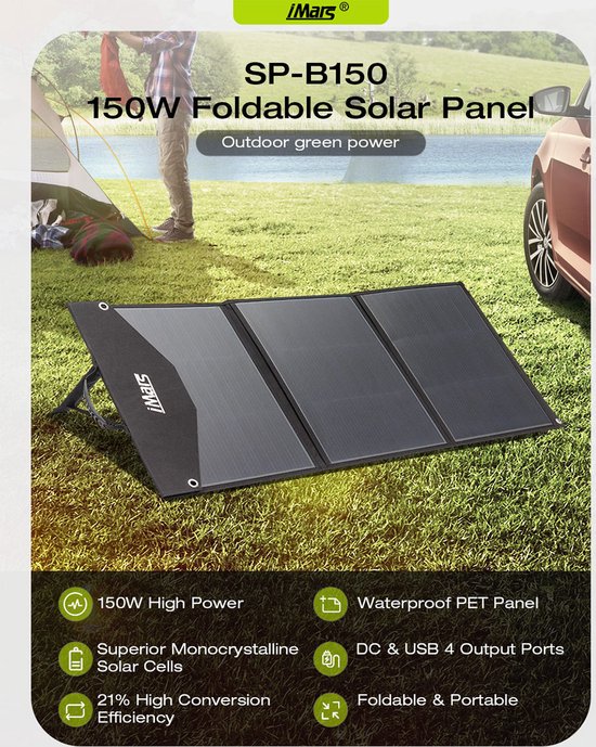 iMars Opvouwbaar Zonnepaneel 150W - DC & USB 4-Uitgang - Draagbaar Compleet Pakket