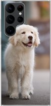 Geschikt voor Samsung Galaxy S22 Ultra hoesje - Een Golden Retriever puppy lopend op de stoep - Siliconen Telefoonhoesje