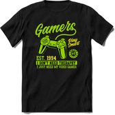Gamers play smart | Gaming kado T-Shirt heren - dames | Groen-Geel | Perfect game pc cadeau shirt | Grappige console spreuken - zinnen - teksten Maat XXL