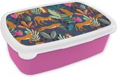 Broodtrommel Roze - Lunchbox - Brooddoos - Patroon - Cheetah - Jungle - 18x12x6 cm - Kinderen - Meisje