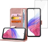 Samsung A53 5G Book Case Hoesje - Samsung A53 5G Screenprotector - Flip Portemonnee Rose met Screen Cover Tempered Glas