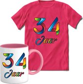 34 Jaar Vrolijke Verjaadag T-shirt met mok giftset Roze | Verjaardag cadeau pakket set | Grappig feest shirt Heren – Dames – Unisex kleding | Koffie en thee mok | Maat S