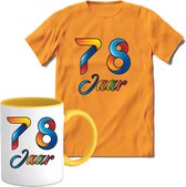 78 Jaar Vrolijke Verjaadag T-shirt met mok giftset Geel | Verjaardag cadeau pakket set | Grappig feest shirt Heren – Dames – Unisex kleding | Koffie en thee mok | Maat L