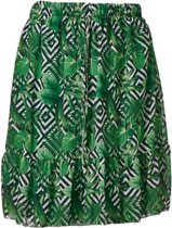 Dames korte strokenrok met siertouwtje bladerenprint -groen/zwart/wit | Maat Onze size, XS-L