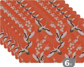 Placemat - Placemats kunststof - Kraanvogel - Sakura - Patronen - Japans - 45x30 cm - 6 stuks - Hittebestendig - Anti-Slip - Onderlegger - Afneembaar
