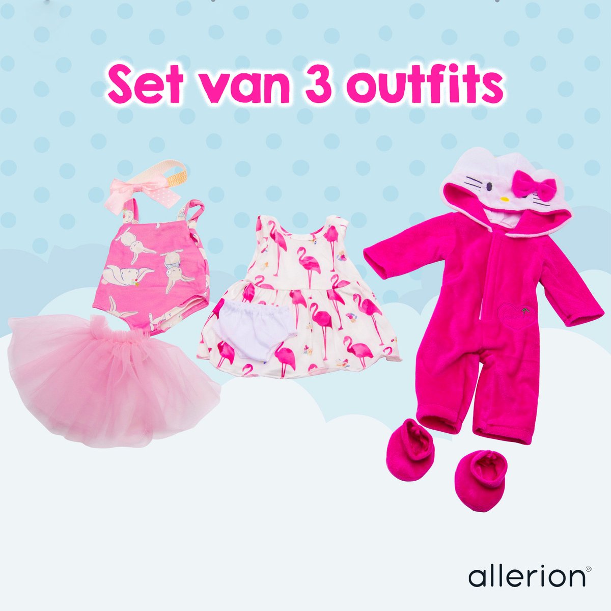 Allerion Kleertjes Set –  Geschikt voor Poppen - 3 stuks – Poppenkleding - Poppen kleertjes - Verschillende Kleuren en Motieven– In Opbergzakje – Past door Brievenbus — afbeelding 3