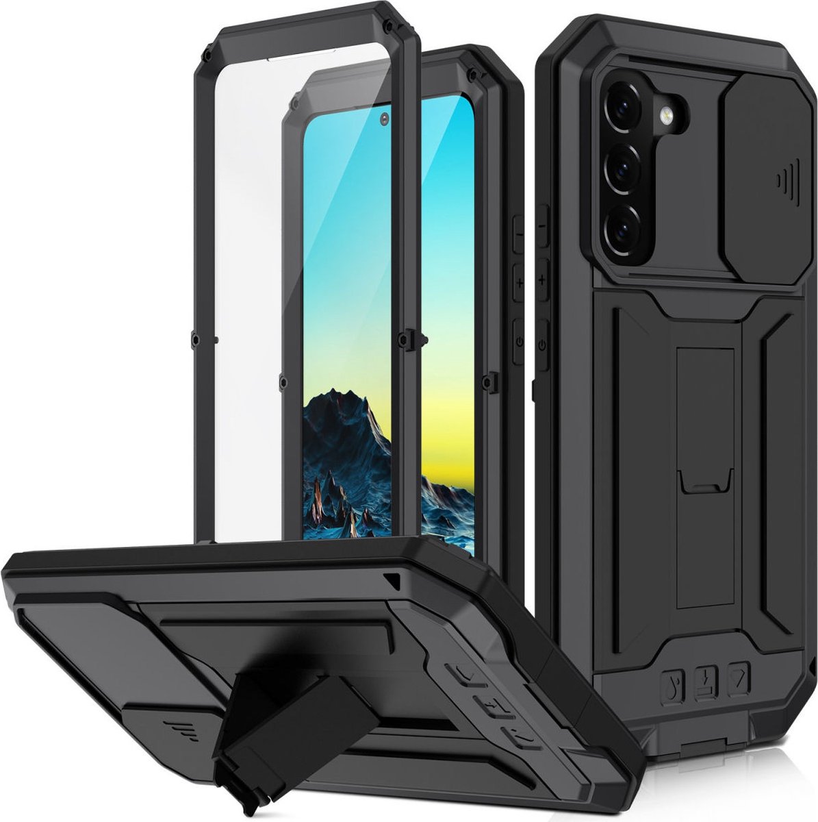 R-Just Sliding Camera Bescherming Waterdicht Hoesje met Standaard Geschikt voor Samsung Galaxy S22 Plus Zwart