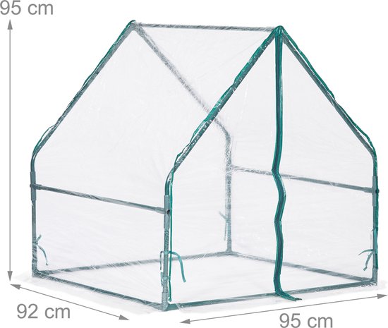 Kas met punt dak, transparante folie, groene paaltjes met afmetingen 95x95x92 cm.