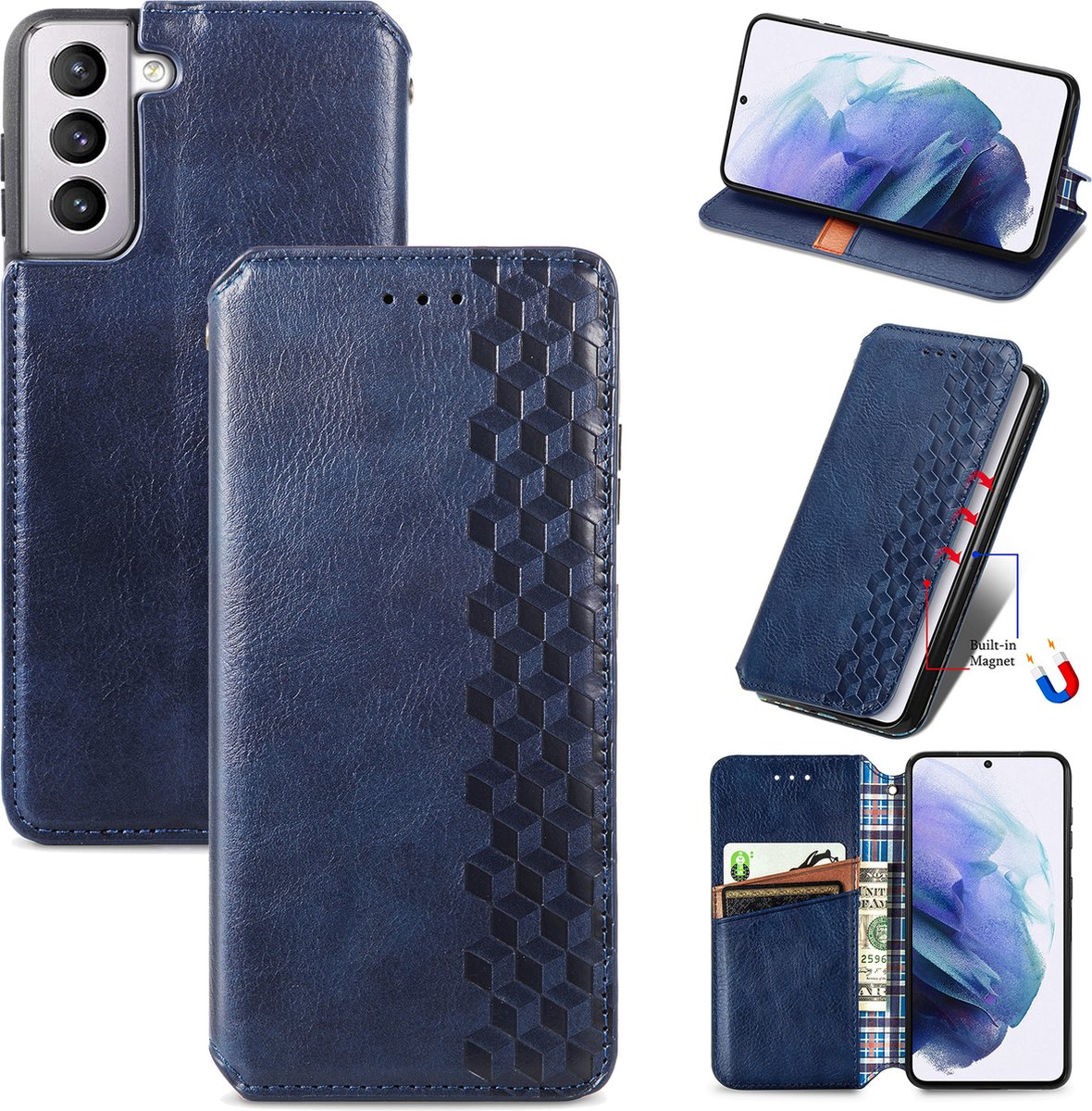 Luxe PU Lederen Ruitpatroon Wallet Case + PMMA Screenprotector voor Galaxy S21 5G _ Blauw