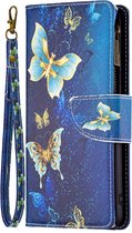 Telefoonhoesje geschikt voor Samsung Galaxy A13 - Portemonnee met rits - book-case hoesje - ruimte voor 9 pasjes - goud blauw vlinders