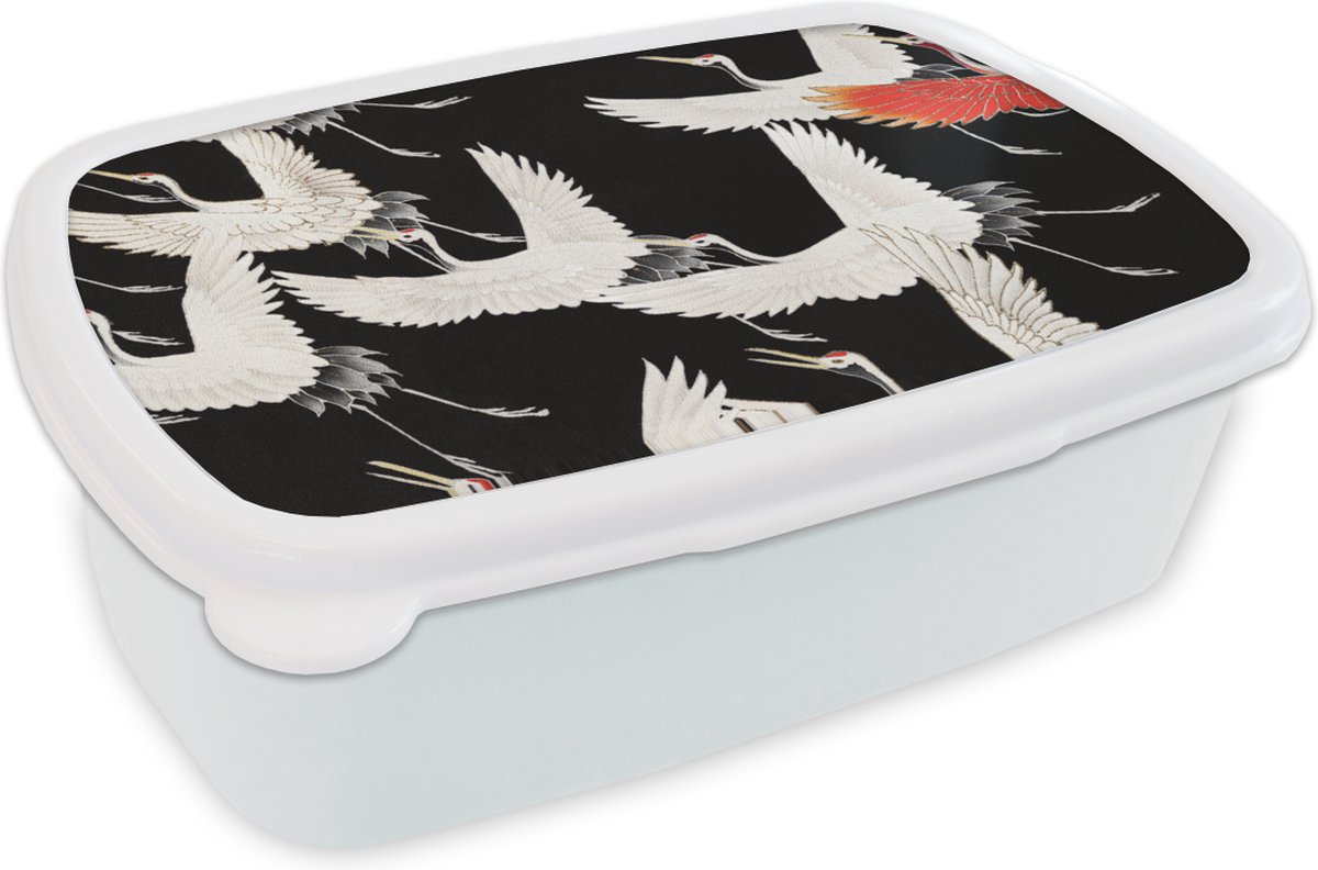 Broodtrommel Wit - Lunchbox - Brooddoos - Kraanvogel - Rood - Wit - Japandi - 18x12x6 cm - Volwassenen