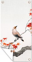 Tuinposter Japanse esdoorn - Scandinavisch - Vogel - Tak - 40x80 cm - Wanddecoratie Buiten - Tuinposter - Tuindoek - Schuttingposter - Tuinschilderij