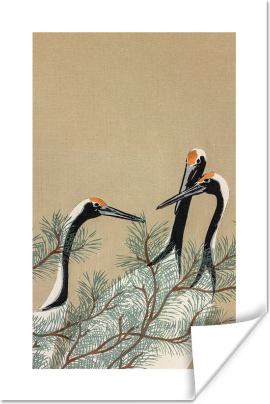 Poster Japandi - Kraanvogel - Vogel - Bladeren - Tak - Kunst - 60x90 cm