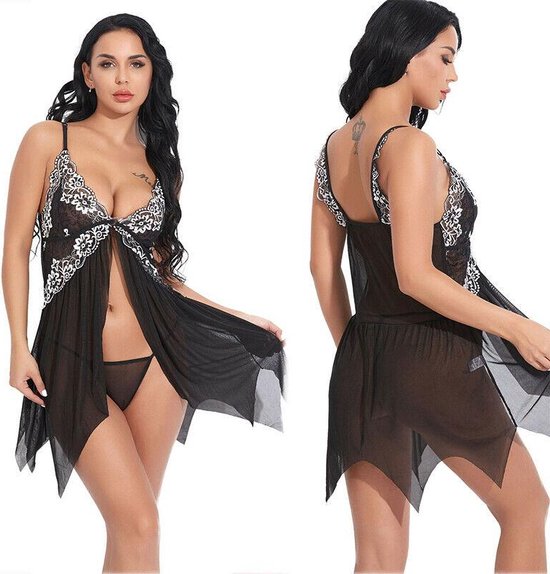 Robe de nuit super sexy + string - robe babydoll - chemise de nuit babydoll en dentelle ornée de motifs de fleurs - chemise de nuit babydoll - lingerie babydoll