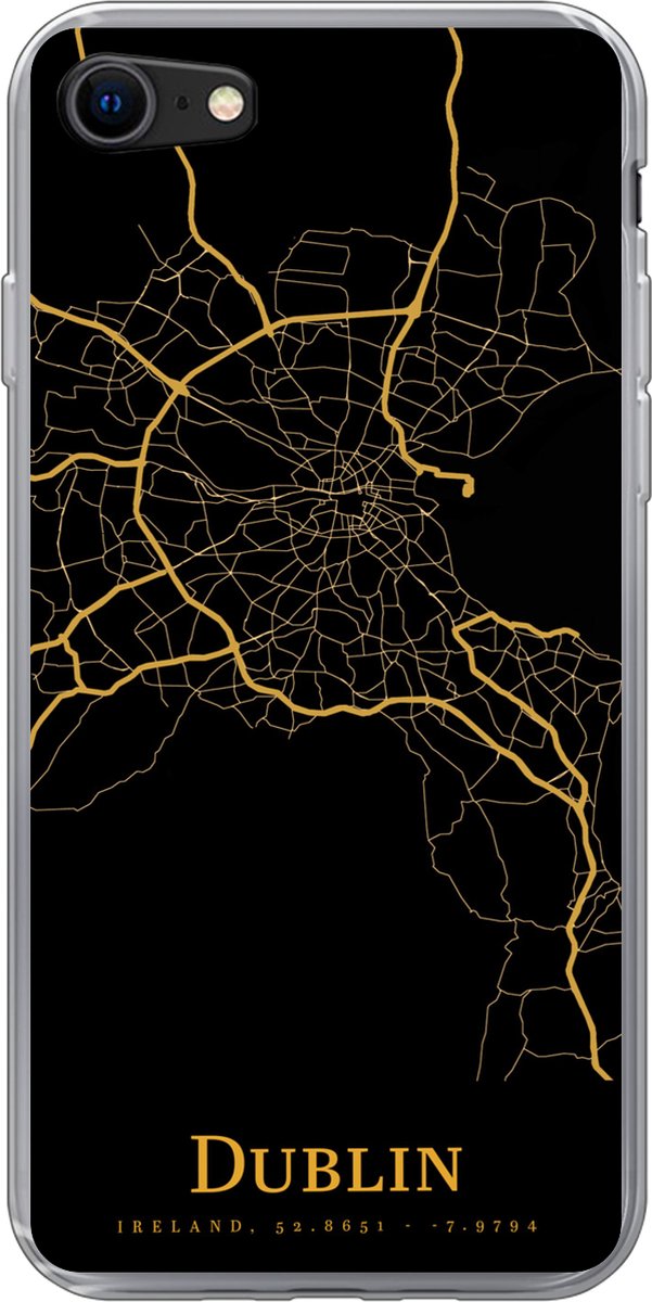 Telefoonhoesje Geschikt voor iPhone SE 2020 hoesje - Dublin - Kaart - Goud - Siliconen Telefoonhoesje Telefoonhoesje