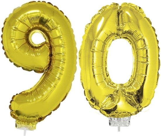 90 jaar leeftijd feestartikelen/versiering cijfers ballonnen op stokje van 41 cm - Combi van cijfer 90 in het goud