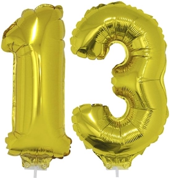 13 jaar leeftijd feestartikelen/versiering cijfers ballonnen op stokje van 41 cm - Combi van cijfer 13 in het goud
