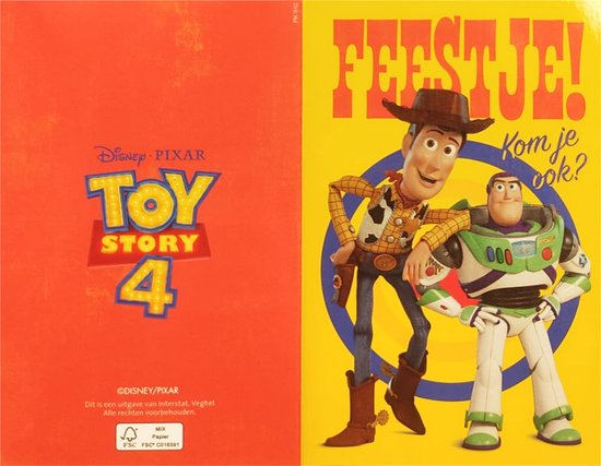 Logo Toy Story 4 sur fond rouge, à côté d'une carte d'invitation avec Woody et Buzz. Texte : "FÊTE ! Viens-tu aussi ?"
