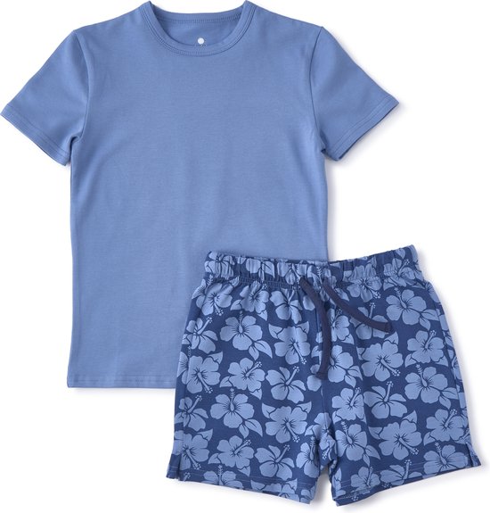 Little Label Pyjama Jongens Maat 110-116 - blauw - Zachte BIO Katoen - Shortama - 2-delige zomer pyama jongens - Print