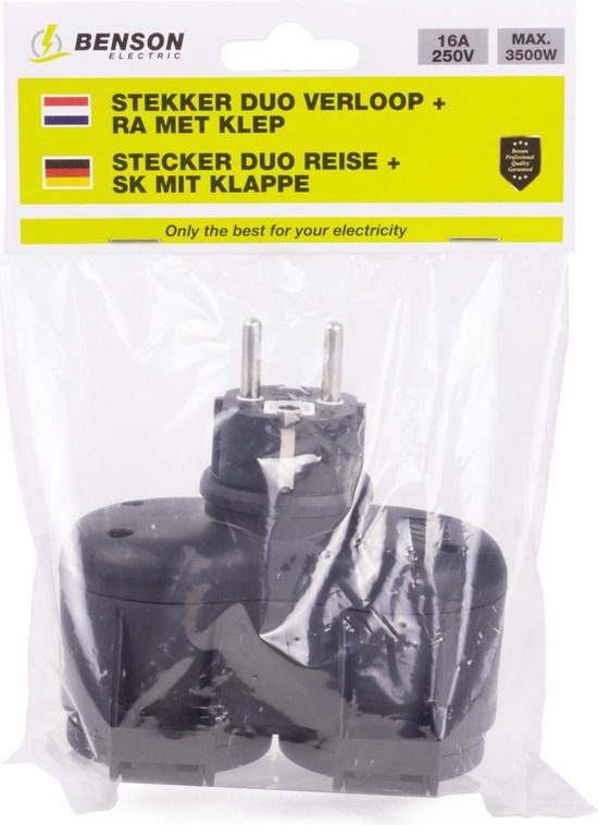 Benson Stekker Duo Verloop - Buitenstopcontact - Spatwaterdicht - Zwart - 3500W