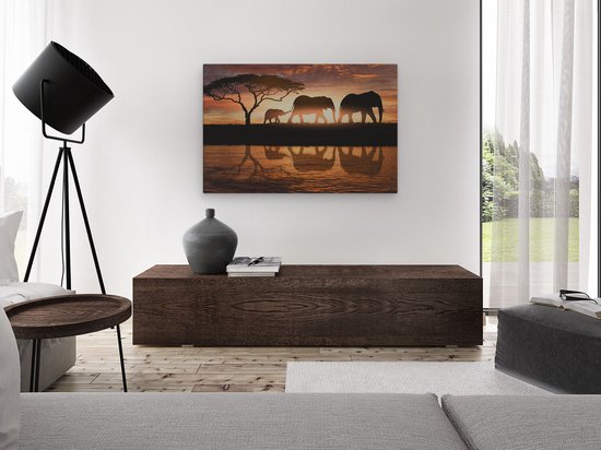 Artaza - Peinture sur toile - Famille d'éléphants dans la savane au coucher du soleil - 120x80 - Groot - Photo sur toile - Impression sur toile