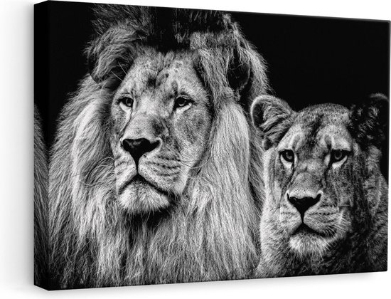 Artaza Canvas Schilderij Leeuw en Leeuwin - Liefde Koppel - Zwart Wit - 60x40 - Foto Op Canvas - Canvas Print