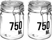 2x stuks inmaakpotten/voorraadpotten 0,75L glas met beugelsluiting - 750 ml - Voorraadpotten met luchtdichte sluiting