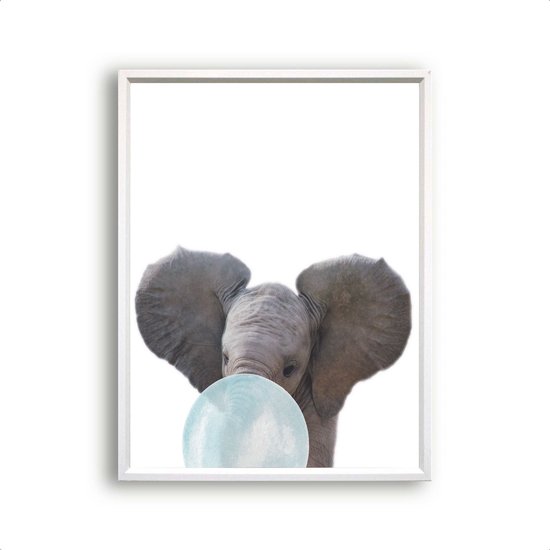 Schilderij  Jungle olifant met blauwe kauwgom - Jungle dieren / Kauwgombel / 50x40cm