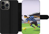 Bookcase Geschikt voor iPhone 13 Pro telefoonhoesje - Een illustratie van spelers die voetballen in een stadion - Jongetje - Meisjes - Kinderen - Met vakjes - Wallet case met magneetsluiting