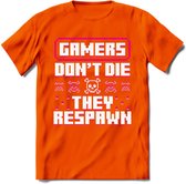 Gamers don't die pixel T-shirt | Roze | Gaming kleding | Grappig game verjaardag cadeau shirt Heren – Dames – Unisex | - Oranje - M