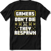 Gamers don't die pixel T-shirt | Geel | Gaming kleding | Grappig game verjaardag cadeau shirt Heren – Dames – Unisex | - Zwart - XXL